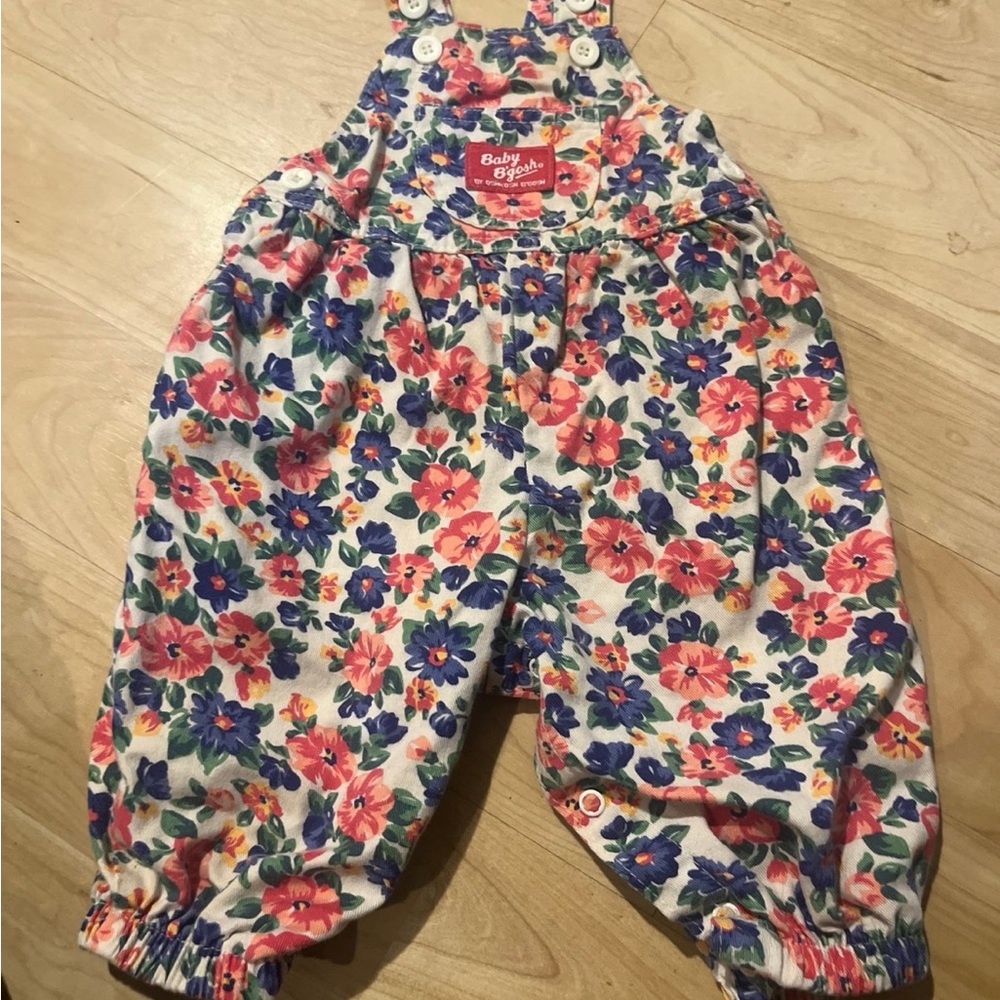 Vintage HTF OshKosh B'gosh Floral Overalls in Pink, Blue & Green